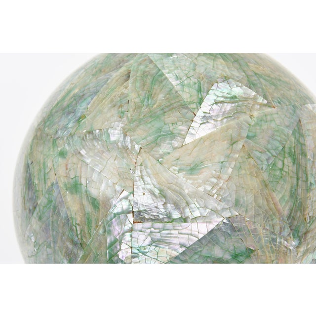 Wood Vintage Mother of Pearl Over Wood Sphere Orb Sculpture on Lucite Base For Sale - Image 7 of 10