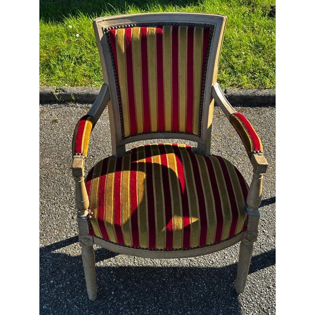 Louis XVI Cabriolet Armchair in Patinated Wood and Striped Velvet For Sale - Image 15 of 15
