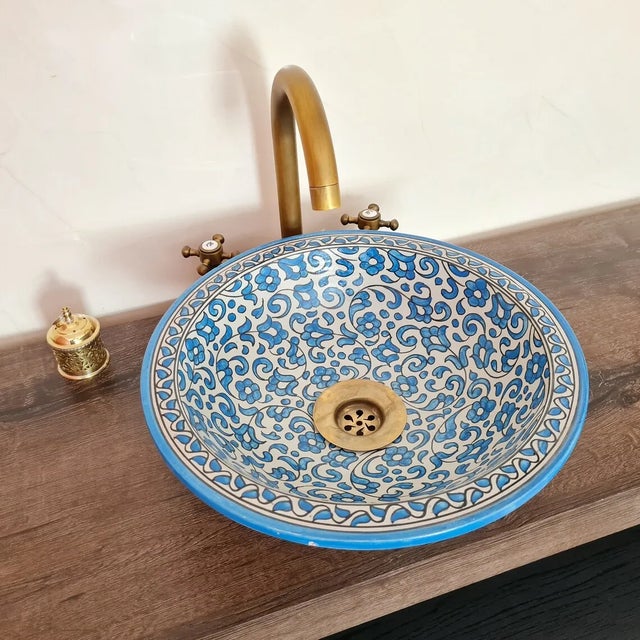 Contemporary Zahra' Blue Countertop Basin Bathroom Vessel Sink Bowl For Sale - Image 4 of 8
