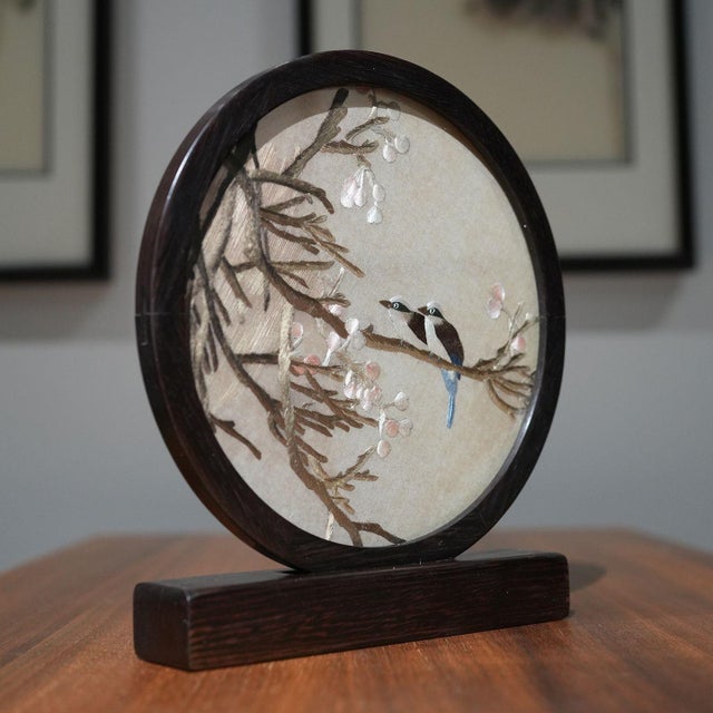 Art Deco Double-Sided Handcrafted Silk Feng Shui Embroidery Winter Bird Flower Artwork For Sale - Image 3 of 6