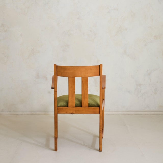 Brown French Oak Armchair with Olive Green Velvet Upholstery, 1950s - 2 Available For Sale - Image 8 of 11