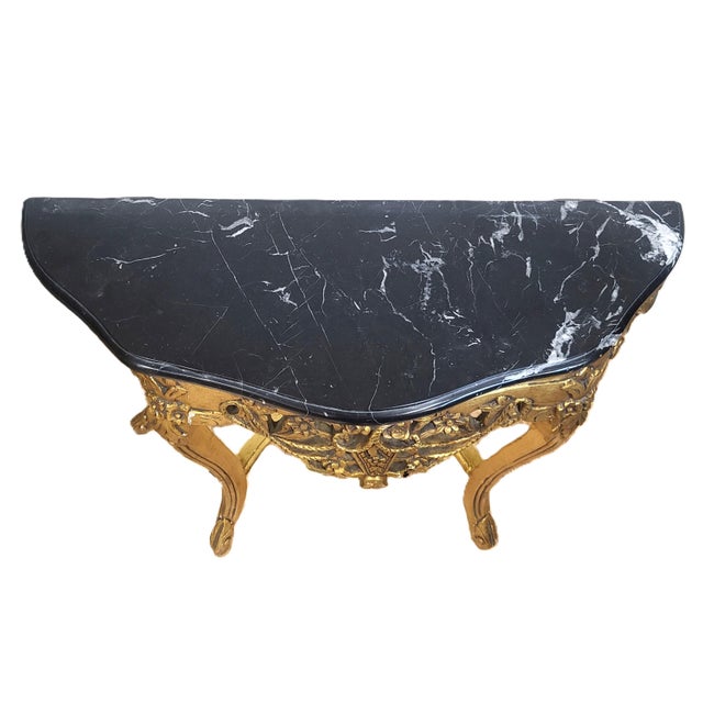 Gold Vintage Rococo French Style 20th C Gilt Carved Wood Marble Console Table & Mirror For Sale - Image 8 of 15