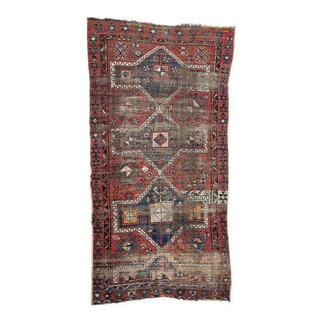 Antique Turkish Tribal Geometric Distressed Rug, 3.7 x 6.6 For Sale