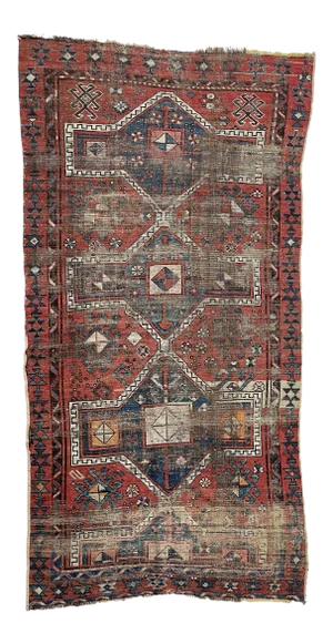 Antique Turkish Tribal Geometric Distressed Rug, 3.7 x 6.6