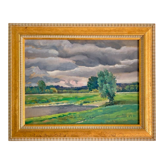 Vintage Original Oil Painting Landscape With Rolling Storm Clouds, 1997 For Sale