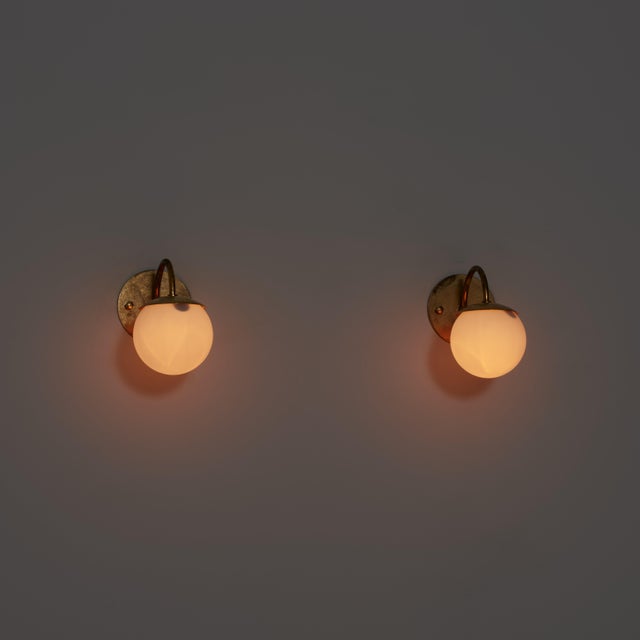 Mid-Century Modern Vintage Italian Brass and Opaline Glass Globe Wall Sconces, 1950s, Set of 2 For Sale - Image 3 of 7