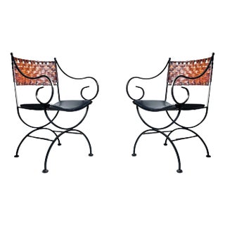 Pair of Arthur Umanoff Scroll Arm Chairs with Leather Strapping For Sale