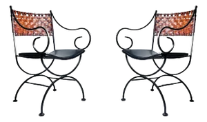 Pair of Arthur Umanoff Scroll Arm Chairs with Leather Strapping