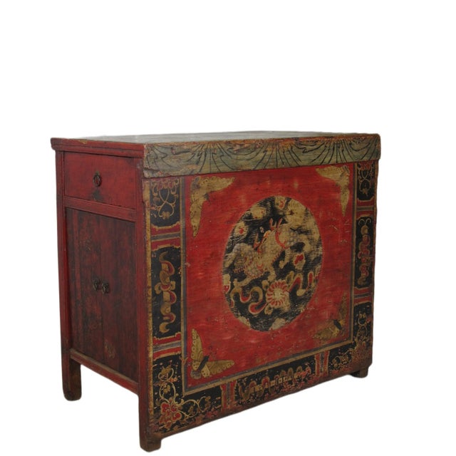 Late 19th Century Late 19th Century Hand Painted Circle of Mystic Bird Antique Gansu Tibetan Cabinet 2 For Sale - Image 5 of 10