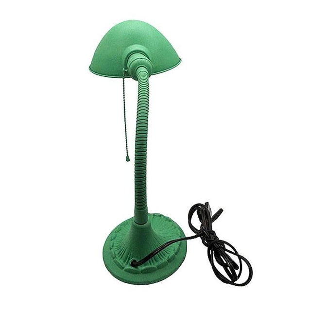 Art Deco desk lamp featuring a large hemispherical shade mounted on a flexible gooseneck arm above a decorative shell-form...