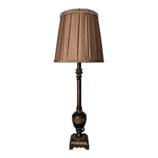 Neoclassical Bronze-Tone Urn and Column Buffet Lamp With Pleated Brown Shade For Sale