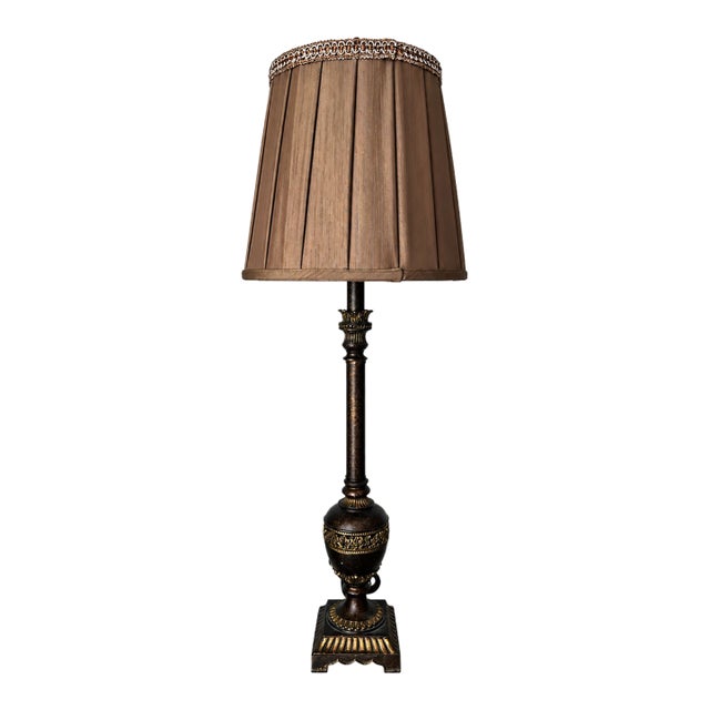 Neoclassical Bronze-Tone Urn and Column Buffet Lamp With Pleated Brown Shade For Sale