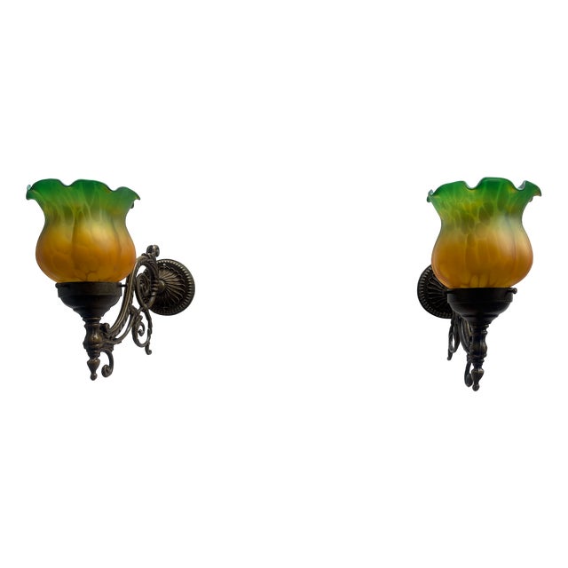 French Brass and Glass Wall Lamps, 1960s, Set of 2 For Sale