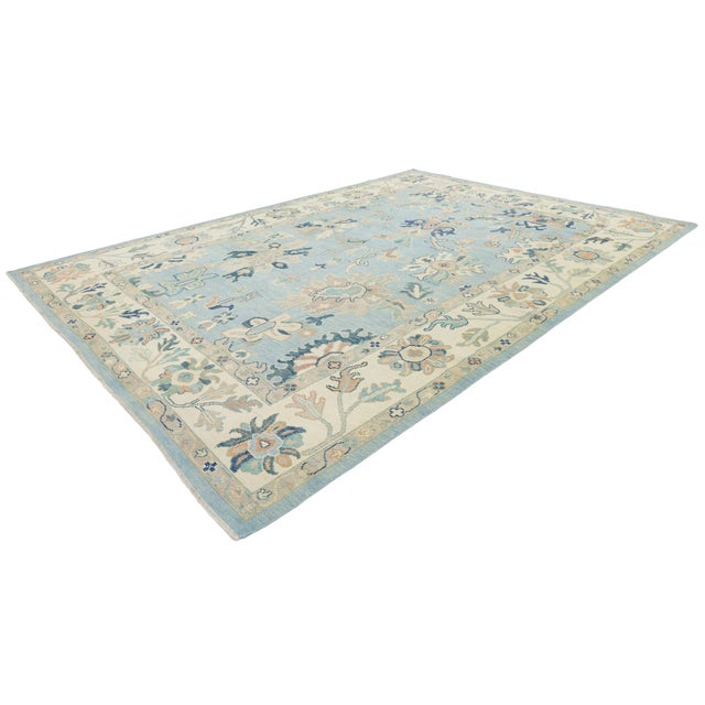 Modern Hand-Knot Oushak Style Light Blue & Soft Earth Tone Floral Wool Area Rug For Sale - Image 12 of 12