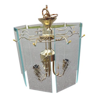 Vintage Round 6 Panel Brass and Etched Beveled Glass Chandelier For Sale