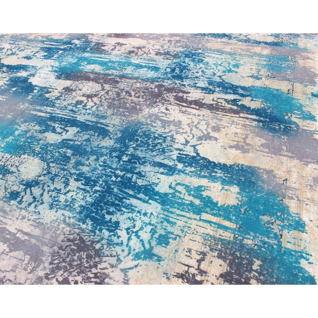 Textile Vintage Rug in Modern Design in Shades of Blue, Gray, and Ivory 9'8 X 14'2 For Sale - Image 7 of 13