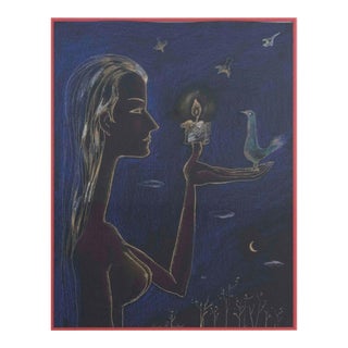 Late 20th Century Female Figure Drawing on Black Paper by Yang Lee For Sale