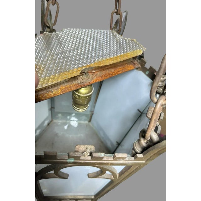 Vintage Cast Metal Gothic Hanging Light Fixture With Glass Panels For Sale - Image 12 of 12