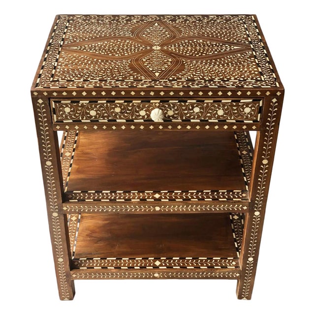 Vintage Wood Inlay 2-Shelf Bedside Table For Sale