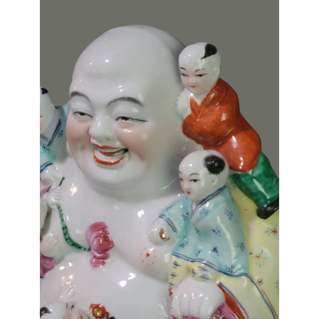 Late 20th Century Vintage Hand Painted Colorful Famille Rose Fertility Happy Buddha Statue For Sale - Image 5 of 11
