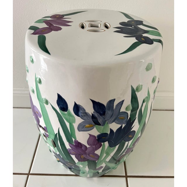 Ceramic Hand Painted Garden Stool With Irises For Sale - Image 7 of 12