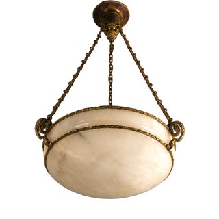 French Art Deco Alabaster and Brass Pendant Light, 1930s For Sale