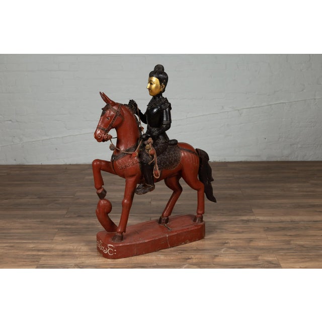 Asian Vintage Burmese Polychrome Carved Wooden Statue of a Warrior on his Horse For Sale - Image 3 of 13