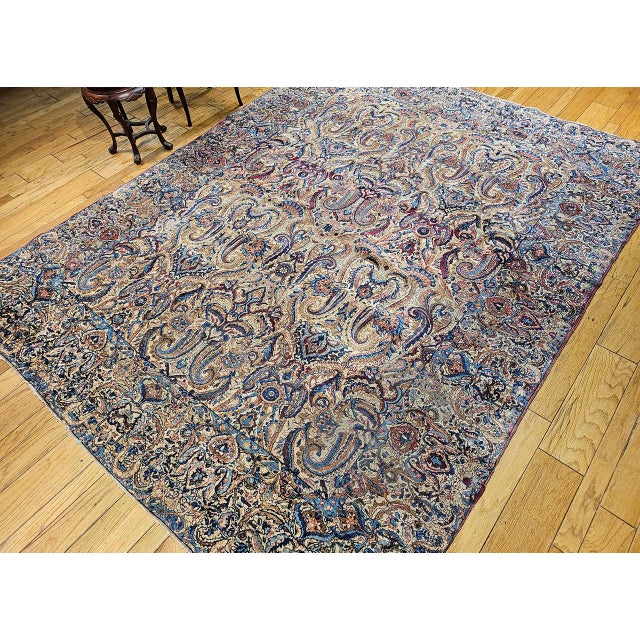 Antique Persian Kerman Lavar Rug, Hand-Knotted Wool, All-Over Floral Pattern, Ivory & Blue, 9x12 For Sale In Chicago - Image 6 of 16