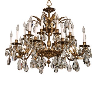 Opulent Vintage French 10 Arm 20 Lite Ornate Brass Cut Lead Crystal Chandelier For Sale