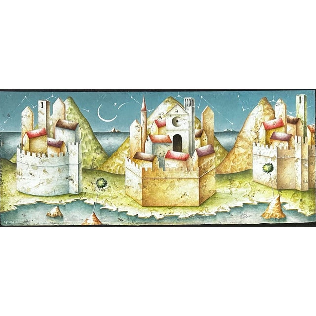 1990s Vintage Surrealistic Tempera Painting on Terra Cotta Tile of Castles by Paolo Grinaldi For Sale - Image 5 of 8
