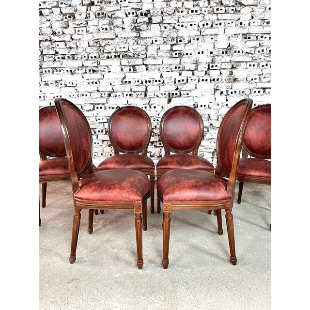 Dimensions: H 37.7” x W 19.6” x D 17.5” x SH 18.8” Set of 6 French Louis XVI style medallion back dining room chairs,...