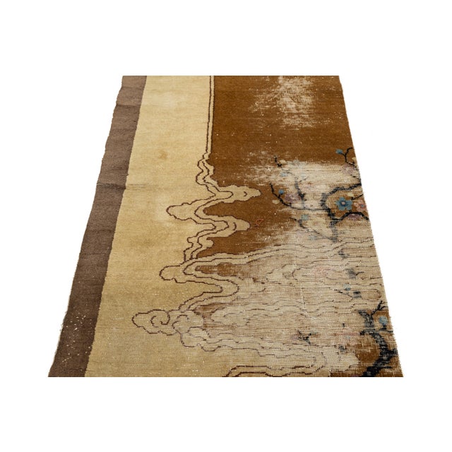 Camel Antique Art Deco Chinese Nichols Style Runner Hand-Knotted Wool, Earth Tones For Sale - Image 8 of 9