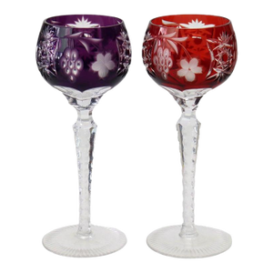 Pair Antique Bohemian Floral & Grape Cut to Clear Crystal; Amethyst & Cranberry