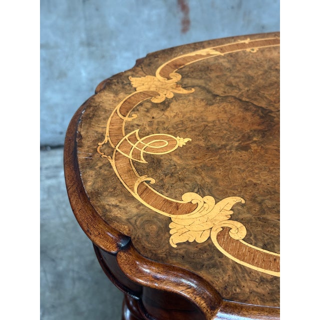 19th C English Burl Walnut Sewing Table Barley Twist Legs 1857 For Sale - Image 12 of 15