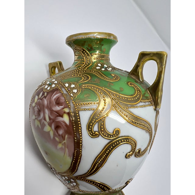 Antique Japanese Nippon Hand Painted Portrait Porcelain Vase With Moriage & Jeweled Decoration, Circa 1905 For Sale - Image 9 of 11