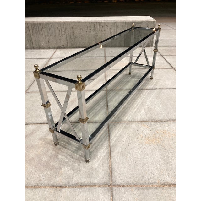 Metal Modern Tiered Glass Console Table in the Manner of Maison Jansen For Sale - Image 7 of 13