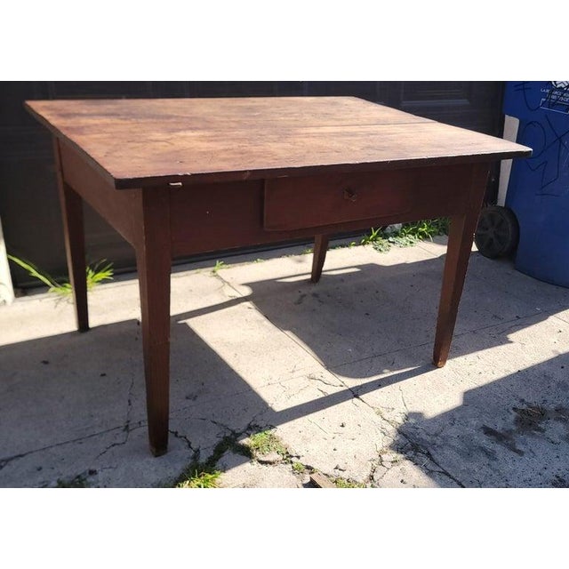 19th Century 19thc Original Red Painted Farm Table W/ Scrub Top For Sale - Image 5 of 8