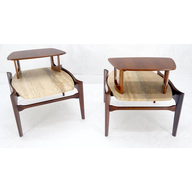 1970s Pair of Bertha Schaefer Walnut Travertine Top Step Side End Tables Stands MINT! For Sale - Image 5 of 12