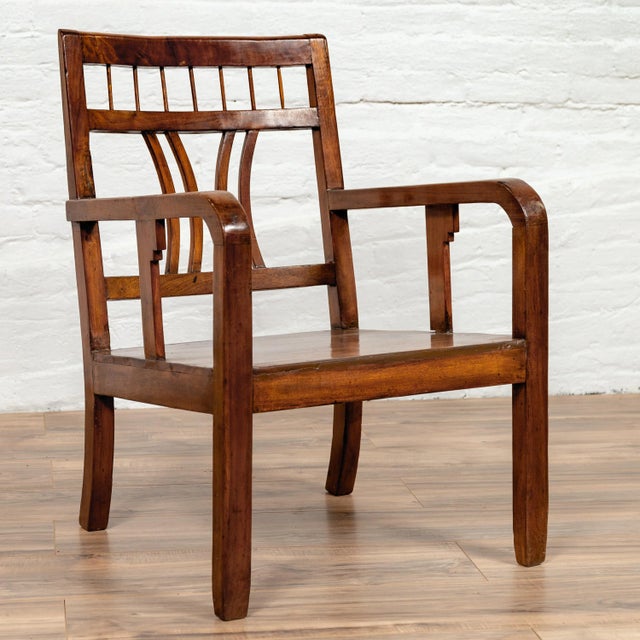 Wood 1950s Chinese Art Deco Elmwood Pierced Back & Curving Arms Armchair For Sale - Image 7 of 11