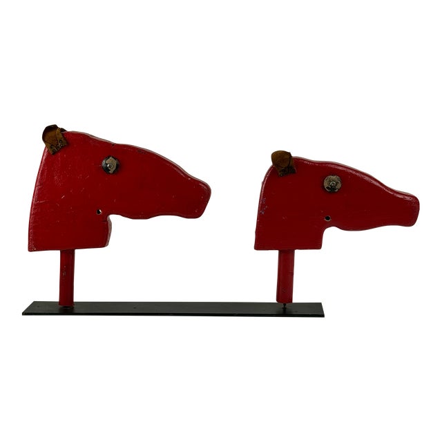 Vintage Farmhouse Double Wooden Horse Heads Sculpture in Red, Kids Decor For Sale