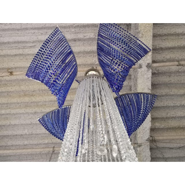 Large Cobalt Blue and Clear Crystal Beaded Chandelier For Sale - Image 9 of 17