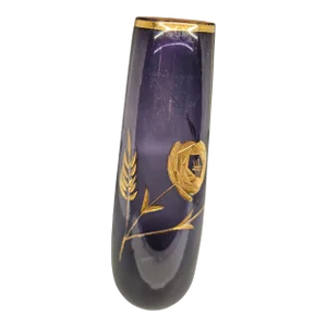 Vintage Czech Amethyst Glass Bud Vase With Gold Rose Etching