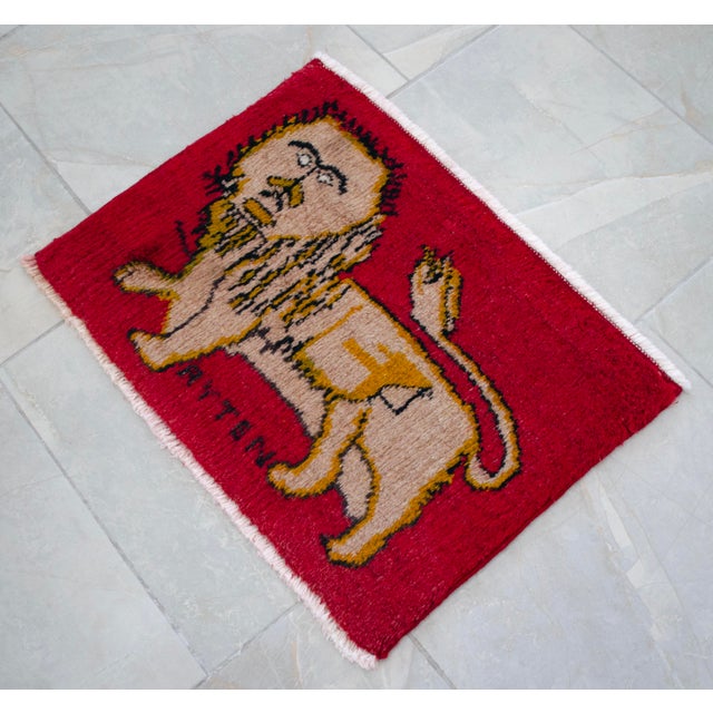 Textile 1980s Hand-Knotted Small Turkish Rug, Lion Motif Wellcome Mat Entry Decor - 22" X 16" For Sale - Image 7 of 10