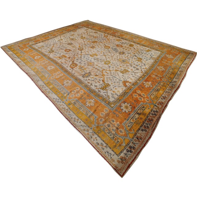Antique Oushak Carpet, Oriental Rug, Handmade Ivory, Muted Orange, Soft Saffron For Sale - Image 11 of 18