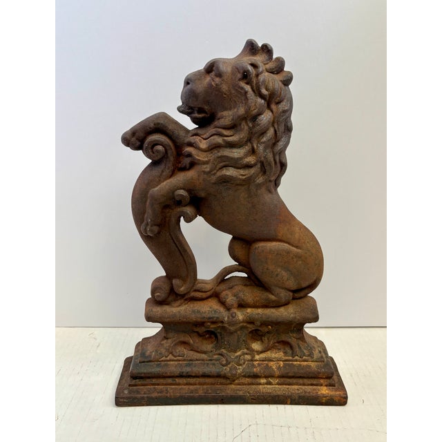 Late 19TH Century English Victorian cast iron rampant lion doorstop or door porter, featuring highly detailed figure of a...