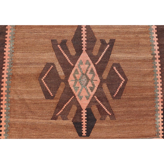 Vintage Turkish Kars Kilim With Bold Medallions in Warm Brown, Orange, and Sage For Sale - Image 11 of 13