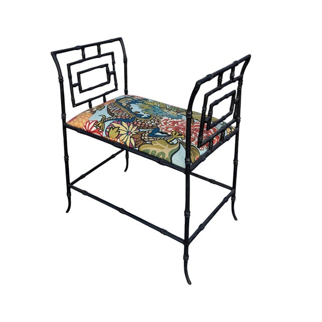 Schumacher Hollywood Regency Faux Bamboo Metal Bench W Schumacher Chiang Mai Dragon For Sale - Image 4 of 5