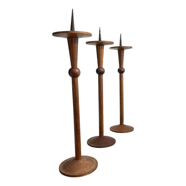 Oak Candleholders, 1950s, Set of 3 For Sale