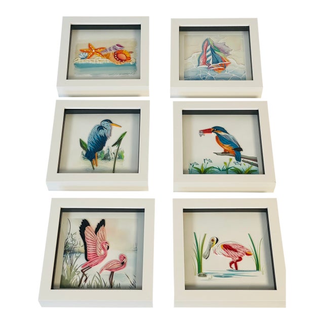 1970s Florida Coastal Collage Art Framed 6 PCS Set Sea Shells, . Pelicans For Sale