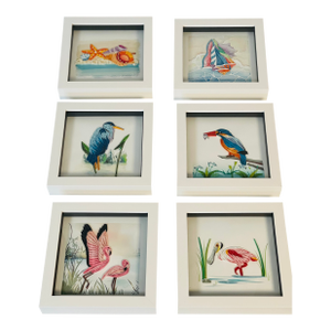 1970s Florida Coastal Collage Art Framed 6 PCS Set Sea Shells, . Pelicans